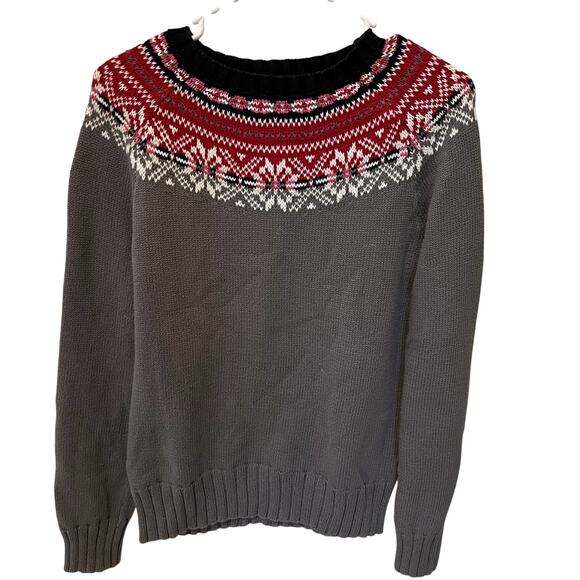 Bass Sweaters - Vintage Knitted by Bass Women's Fair Isle Nordic Sweater Gray & Red Size Medium